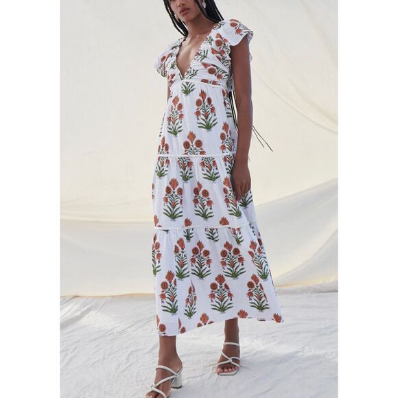 SAYLOR Sallyann Poppy Floral Midi‎ Dress White Medium - Picture 1 of 6